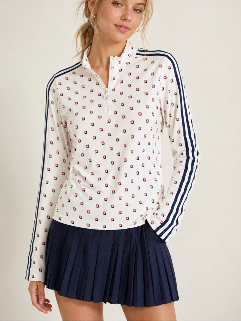 Tory Burch Sport Printed Half Zip Performance Top White Navy Medium 8300
